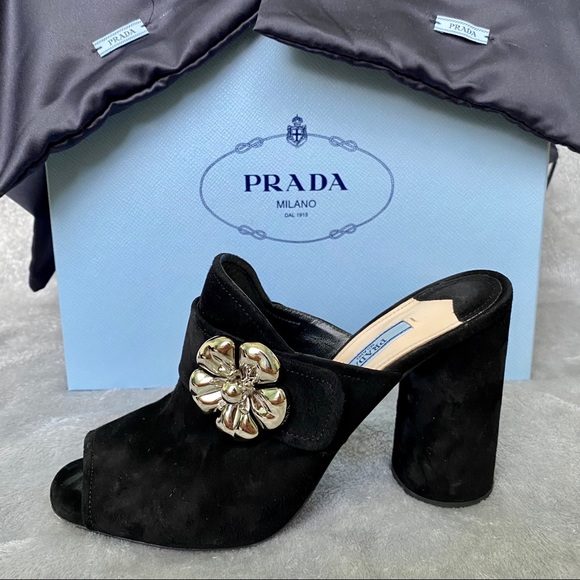 Prada Mule Heels Black Suede Metal Flower - Picture 2 of 8